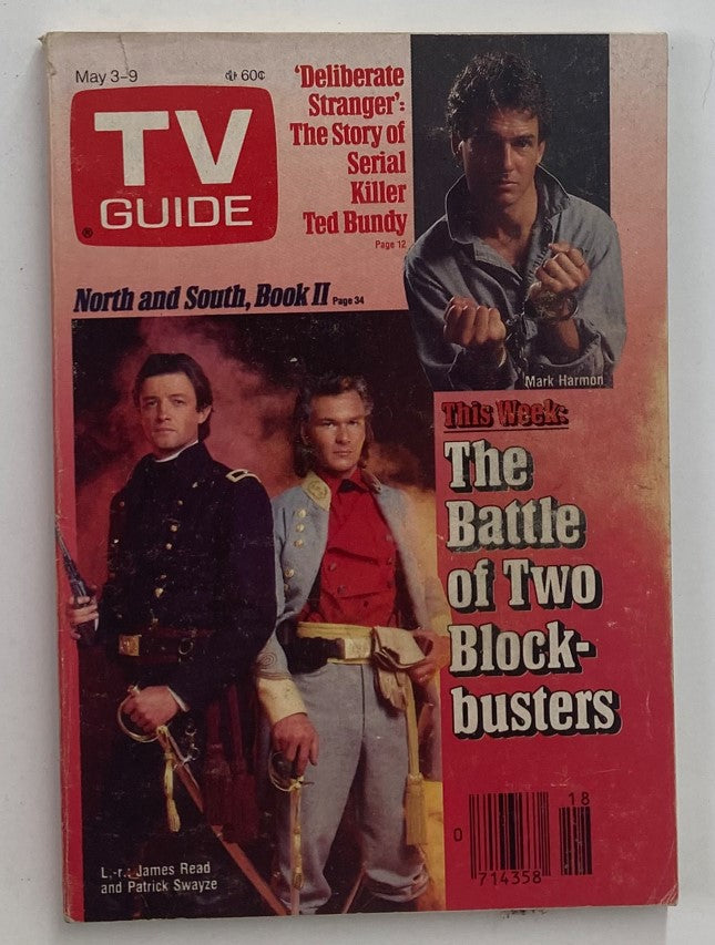 Vintage TV Guide Magazine cover from May 3, 1986 featuring James Read and Patrick Swayze. The cover includes an article about the TV show 'North and South' and highlights a feature on Ted Bundy. Perfect for collectors of 80s television memorabilia.