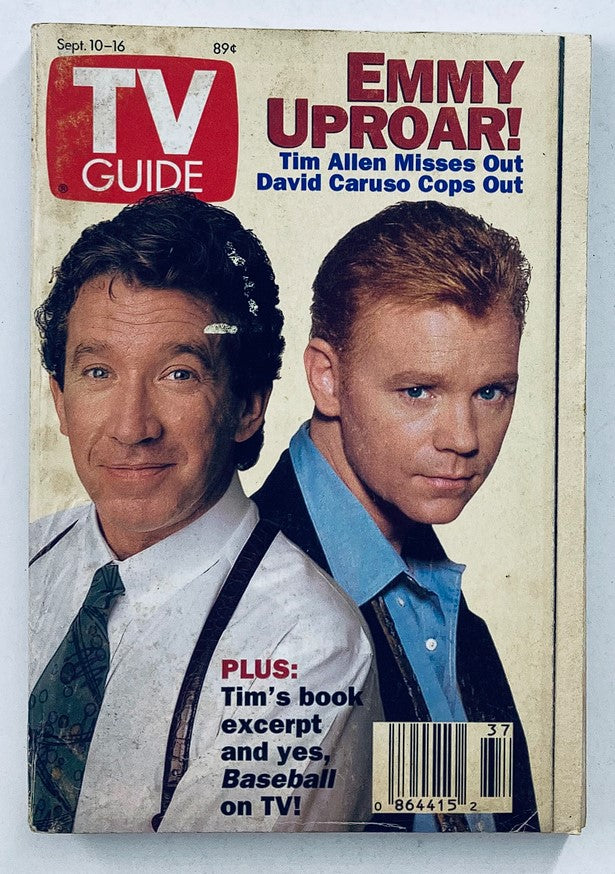 TV Guide Magazine September 10 1994 featuring David Caruso on the cover, showcasing a striking image of the actor alongside Tim Allen, with the headline 'EMMY UPROAR!' highlighting notable television moments.