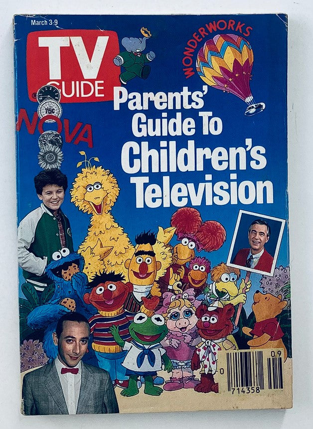 TV Guide Magazine March 3 1990 featuring Mr. Rogers and Pee Wee Herman on the cover, showcasing iconic children's television characters including Big Bird, Elmo, and Kermit the Frog, highlighting its significance in television history.