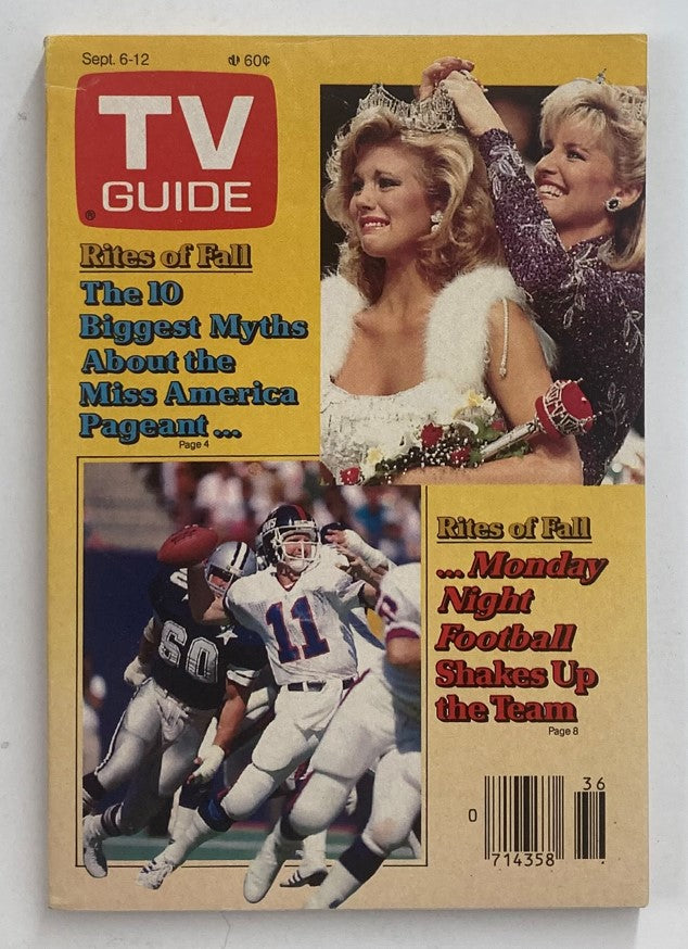 TV Guide Magazine September 6 1986 cover showcasing Susan Akin, Miss America 1986, alongside a football scene, highlighting the blend of television culture and sports in the mid-1980s.
