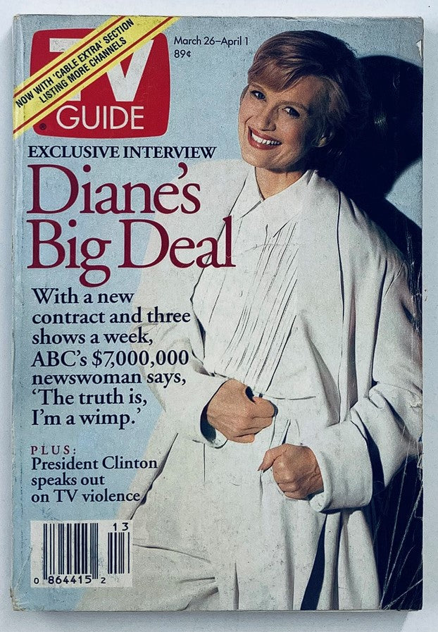 TV Guide Magazine March 26 1994 featuring Diane Sawyer on the cover with text about her exclusive interview and President Clinton's commentary on TV violence.
