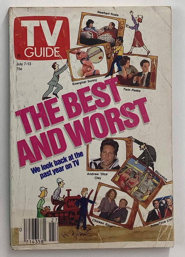 TV Guide Magazine cover from July 7-13, 1990 featuring the title 'The Best and Worst', highlighting significant TV shows and moments from the past year, including Andrew 'Dice' Clay, Twin Peaks, and the Energizer Bunny.