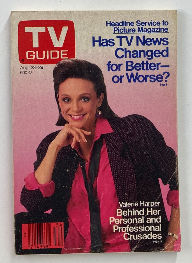 TV Guide Magazine from August 23, 1986, featuring Valerie Harper on the cover, showcasing her on a pink background and discussing the question 'Has TV News Changed for Better or Worse?' This collectible magazine is a nostalgic piece for fans of 1980s television.