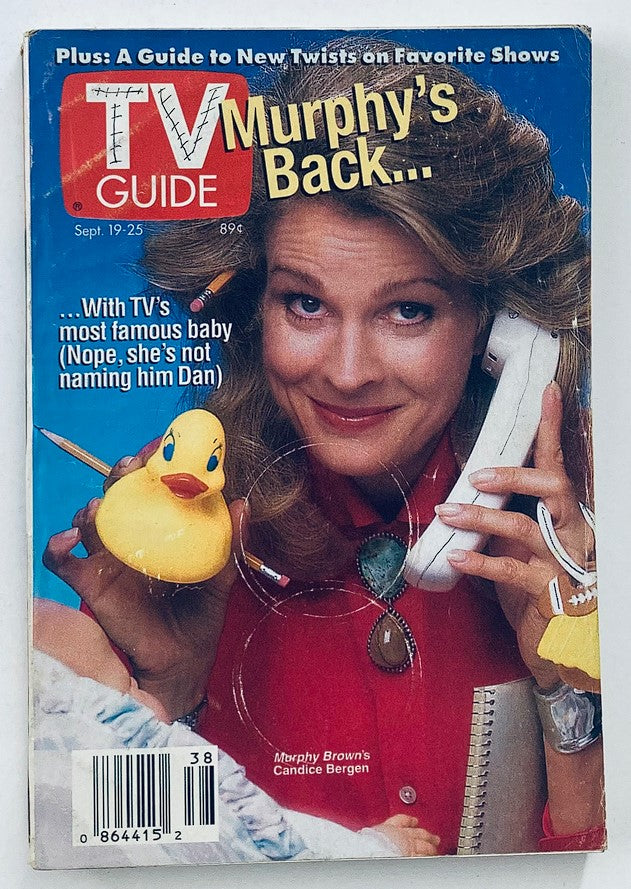 TV Guide Magazine September 19 1992 featuring Candice Bergen on the cover, showcasing a playful moment with a rubber duck and a phone, highlighting the theme 'Murphy's Back...'