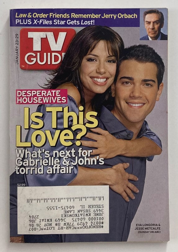 TV Guide Magazine January 23 2005 featuring Eva Longoria and Jesse Metcalfe on the cover, showcasing the popular show Desperate Housewives, with a focus on the theme 'Is This Love? What's next for Gabrielle & John's torrid affair'.