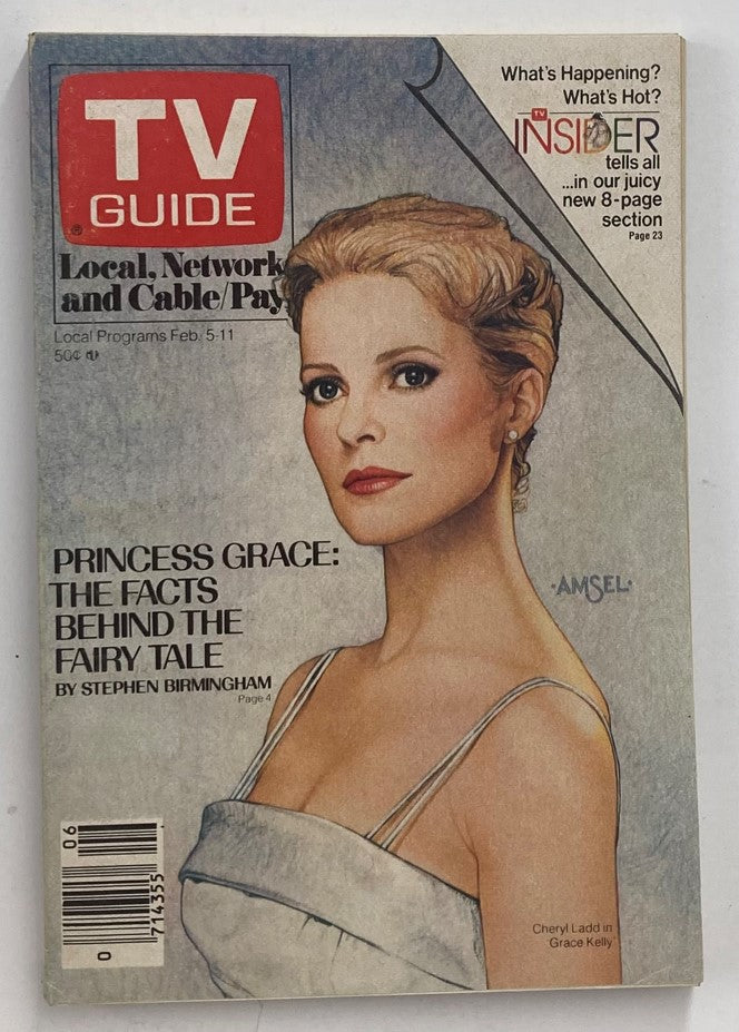 TV Guide Magazine cover from February 5, 1983 featuring Cheryl Ladd as Grace Kelly. The cover includes the title and highlights the article 'Princess Grace: The Facts Behind the Fairy Tale' by Stephen Birmingham, showcasing a vintage design representative of the early 1980s.
