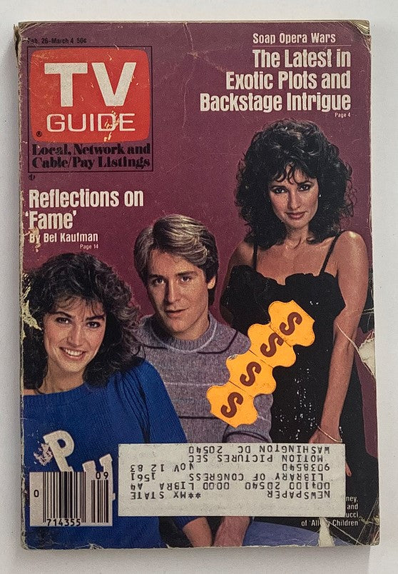 Cover of TV Guide Magazine February 26, 1983 featuring Kim Delaney and Susan Lucci. The magazine includes headlines about soap opera wars, exotic plots, and reflections on fame, showcasing an iconic piece of television history.