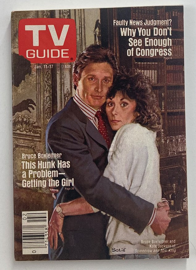 TV Guide Magazine January 11 1986 cover featuring Bruce Boxleitner and Kate Jackson, highlighting a feature on Bruce Boxleitner and his role in television entertainment. This vintage magazine is a collectible piece of pop culture history.