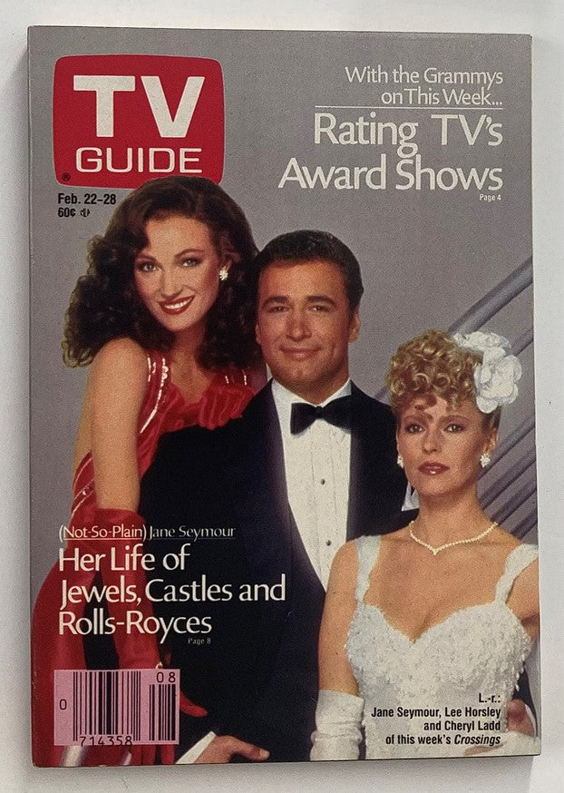 TV Guide Magazine February 22, 1986 featuring Jane Seymour on the cover alongside Lee Horsley and Cheryl Ladd, highlighting television award shows and celebrity culture of the 1980s.