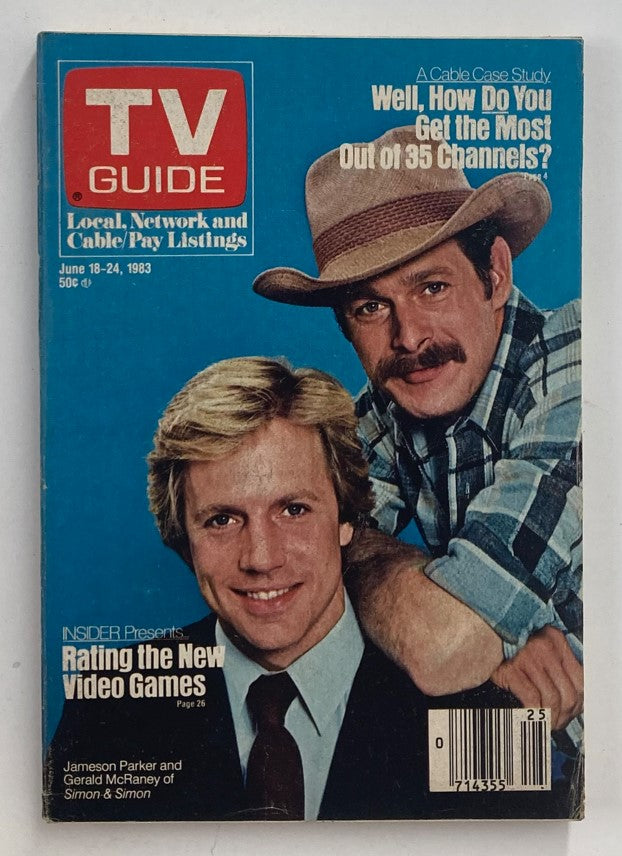 Cover of TV Guide Magazine dated June 18-24, 1983, featuring Jameson Parker and Gerald McRaney from the TV series Simon & Simon. The design showcases the TV Guide logo and questions about cable television. Ideal for collectors of vintage magazines.