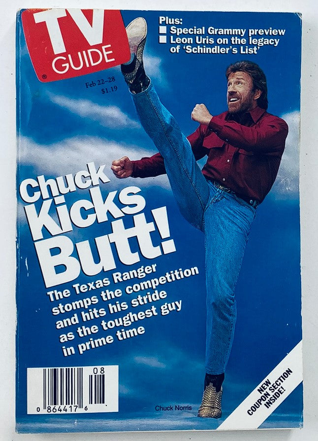 Cover of TV Guide Magazine February 22, 1997 featuring Chuck Norris. The headline reads 'Chuck Kicks Butt!' showcasing Norris in a dynamic pose. This collectible magazine highlights his role in 'Walker, Texas Ranger' and reflects the television culture of the late 90s.