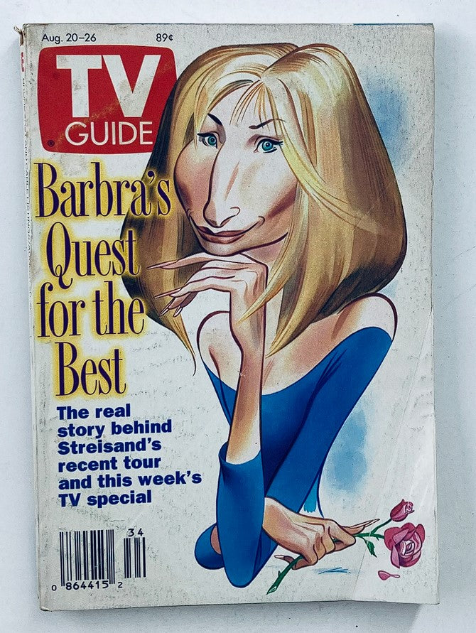 TV Guide Magazine August 20 1994 featuring a caricature of Barbra Streisand on the cover with the title 'Barbra's Quest for the Best', showcasing her iconic image and promoting her recent tour and TV special.