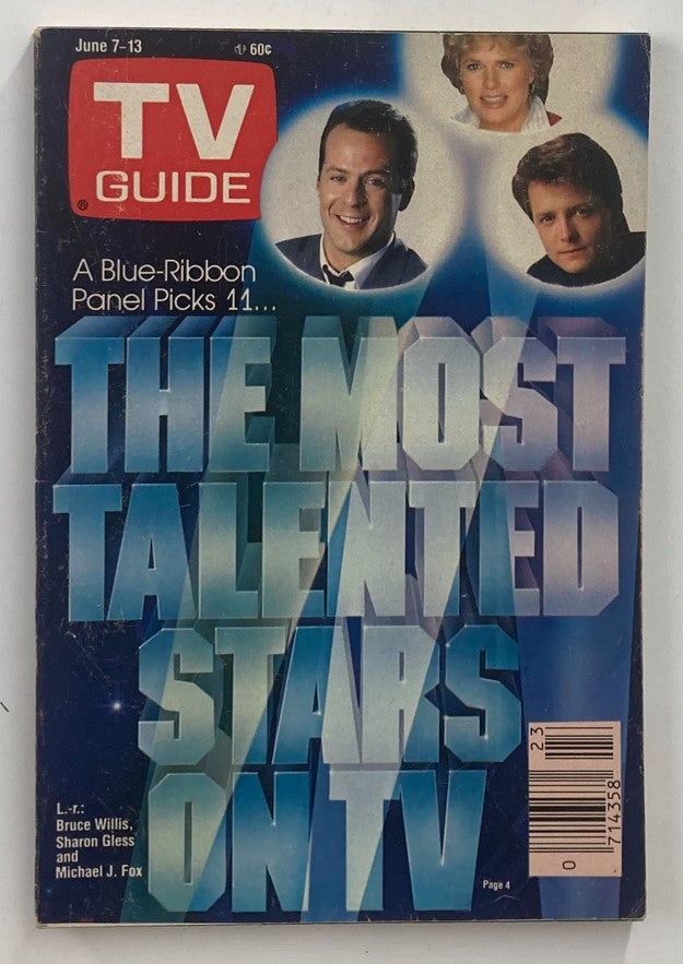 Cover of TV Guide Magazine June 7 1986 featuring actors Bruce Willis, Sharon Gless, and Michael J. Fox. The headline reads 'The Most Talented Stars on TV', highlighting iconic personalities from the mid-1980s.