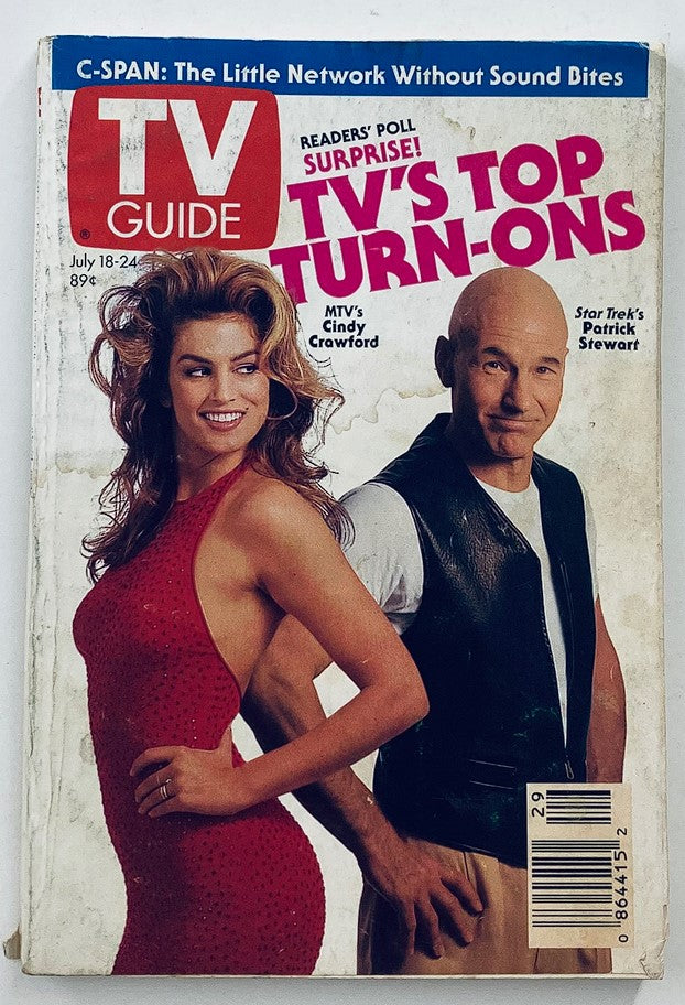 TV Guide Magazine cover from July 18, 1992 featuring a stunning photo of supermodel Cindy Crawford and actor Patrick Stewart, highlighting MTV's Cindy Crawford in a red dress and showcasing the theme 'TV’s Top Turn-Ons'.