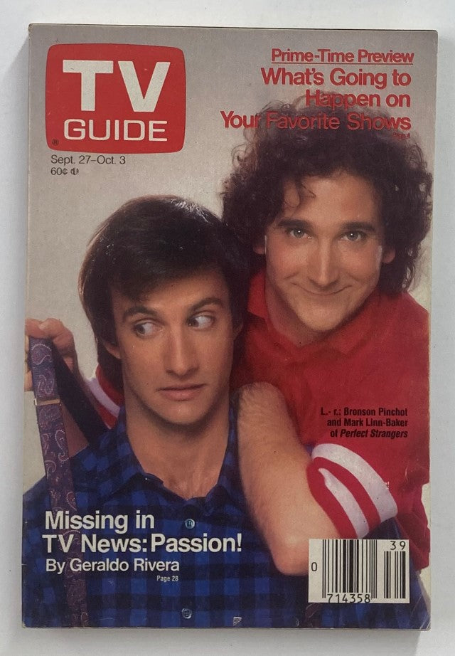 TV Guide Magazine September 27 1986 featuring Mark Linn-Baker on the cover, showcasing a vibrant illustration from the 1980s television era with a prime-time preview on favorite shows.