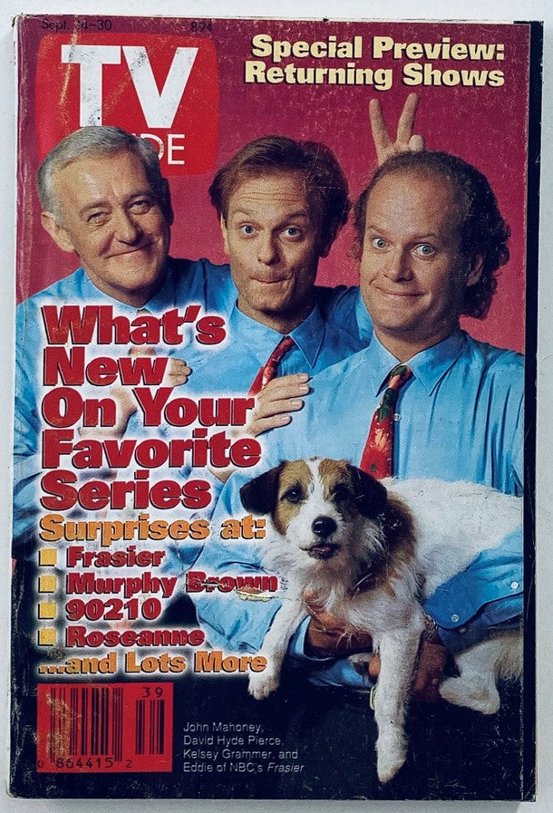 TV Guide Magazine September 24 1994 featuring John Mahoney, Kelsey Grammer, and David Hyde Pierce, along with a dog, highlighting returning shows and surprises for popular series like Frasier, Murphy Brown, and Roseanne.