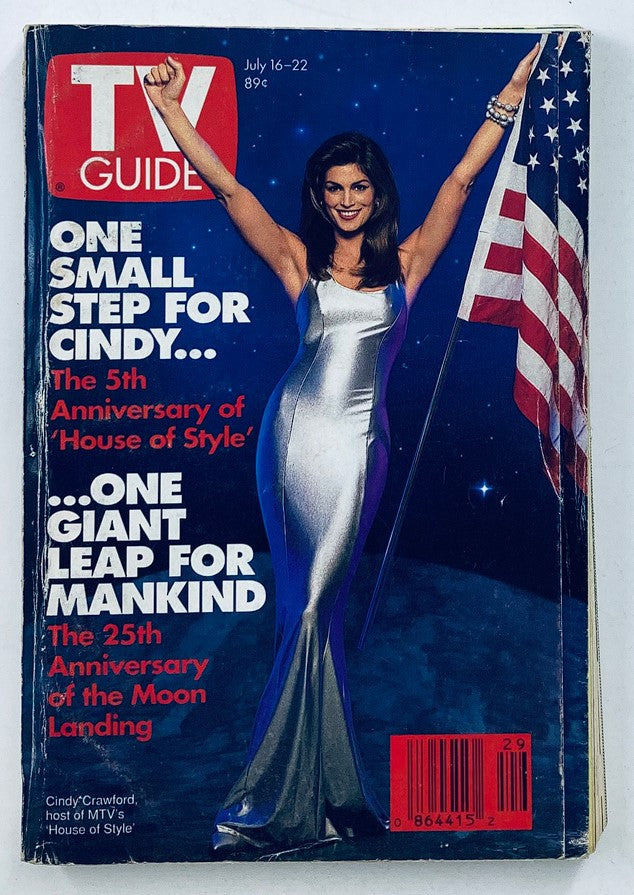 Cover of TV Guide Magazine July 16, 1994, featuring Cindy Crawford in a metallic gown, celebrating the 5th Anniversary of 'House of Style' and the 25th Anniversary of the Moon Landing.