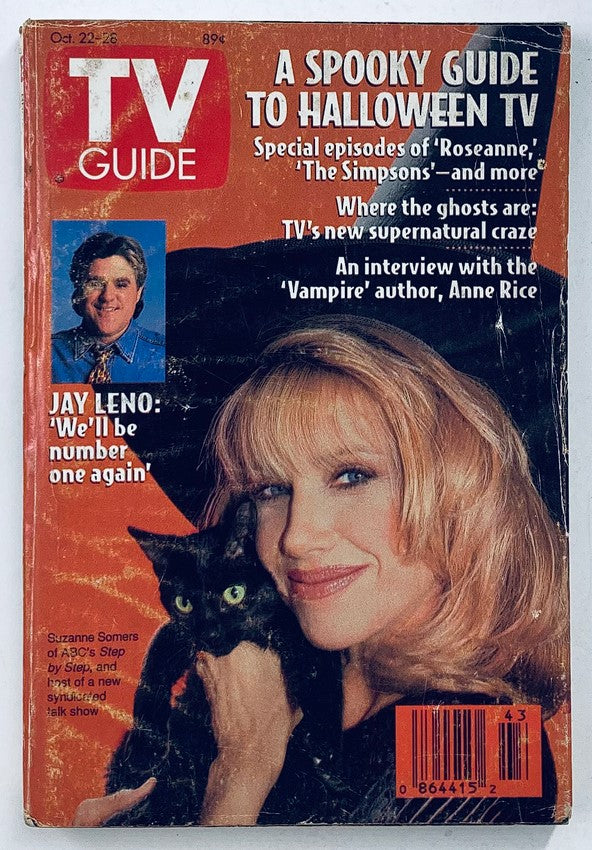 TV Guide Magazine from October 22, 1994 featuring Suzanne Somers on the cover, holding a black cat. The cover highlights Jay Leno and includes articles on Halloween TV specials, making it a collectible piece of television history.