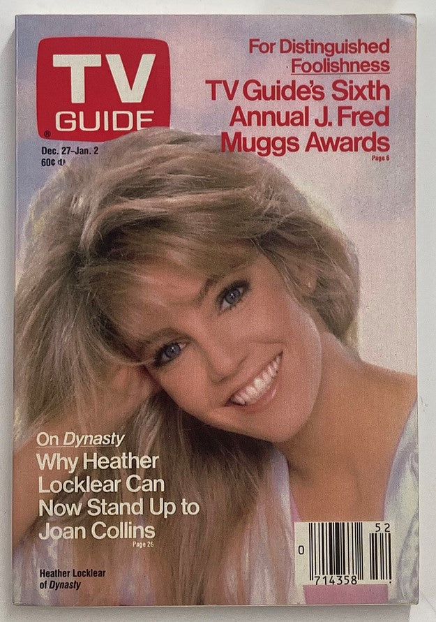 Cover of TV Guide Magazine December 27 1986 featuring Heather Locklear, showcasing the actress's vibrant smile and promotion for the TV Guide's Sixth Annual J. Fred Muggs Awards.