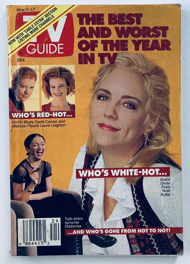 TV Guide Magazine June 11 1994 cover featuring David Caruso and Laura Leighton, highlighting 'The Best and Worst of the Year in TV' with celebrities and pop culture references.