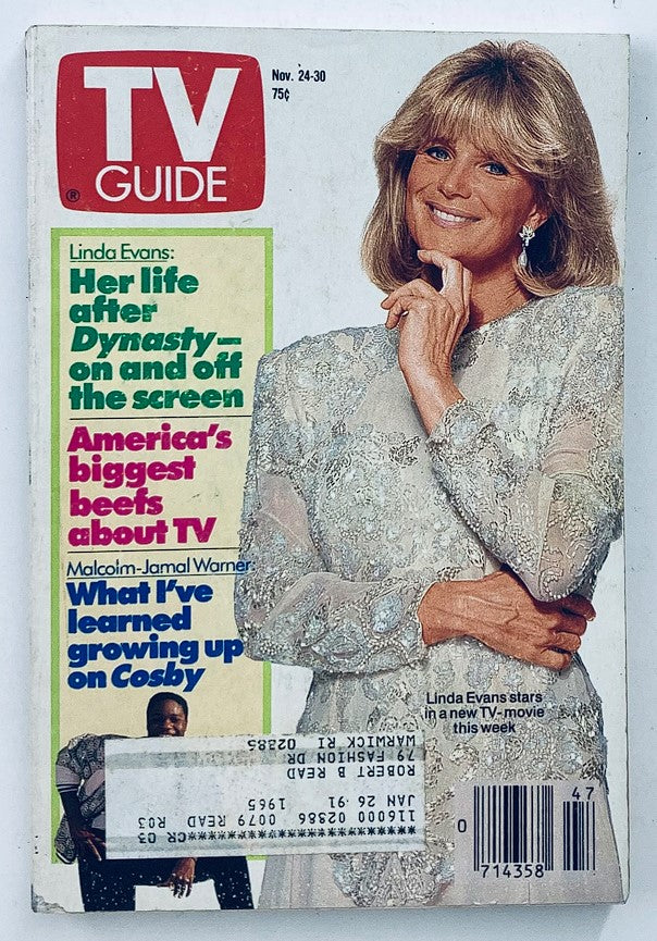 TV Guide Magazine cover from November 24, 1990, featuring Linda Evans, highlighting her life after Dynasty and Malcolm-Jamal Warner discussing growing up on Cosby.