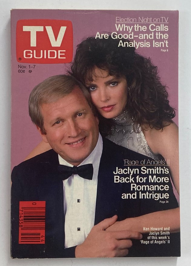 TV Guide Magazine November 1 1986 featuring Jaclyn Smith on the cover, highlighting her role in 'Rage of Angels II'. The issue includes insights on election night TV and television analysis, making it a nostalgic piece for collectors and fans of 80s pop culture.