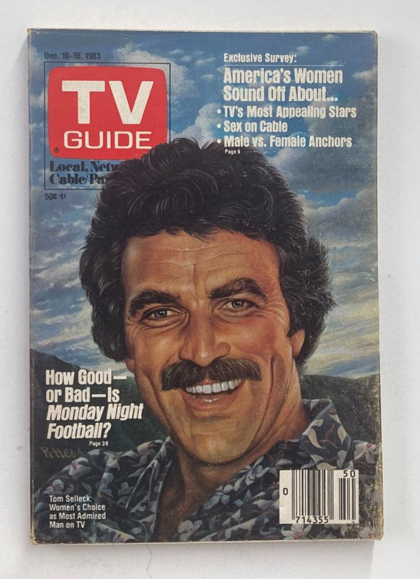 Cover of TV Guide Magazine from December 10, 1983, featuring Tom Selleck as the Most Admired Man, with vibrant colors and a smiling portrait. The cover includes highlights such as an exclusive survey and articles related to television trends of the early 1980s.
