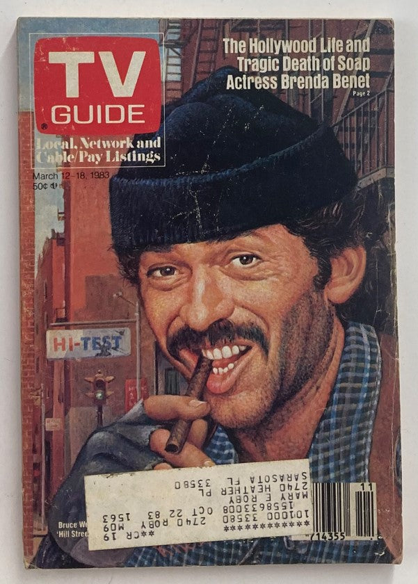 Vintage TV Guide Magazine from March 12, 1983 featuring Bruce Weitz on the cover, highlighting television culture of the early 1980s and showcasing Tampa-Sarasota TV listings.