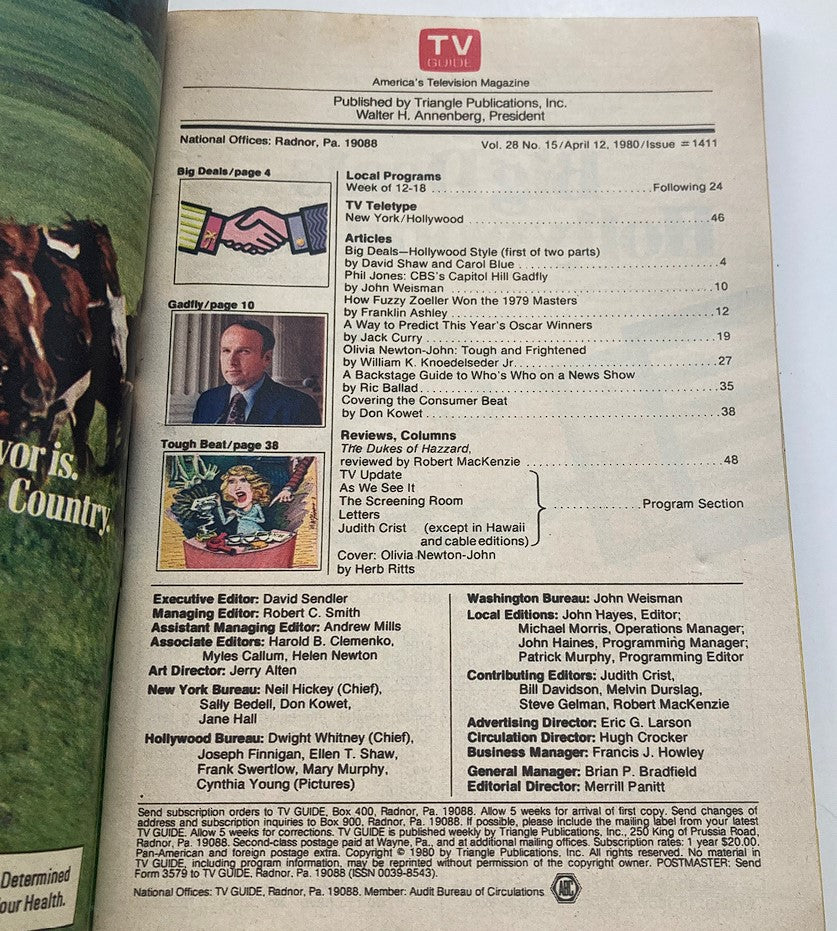 Interior page of TV Guide Magazine April 12, 1980 displaying content listings and articles, including a featured section on Olivia Newton-John.