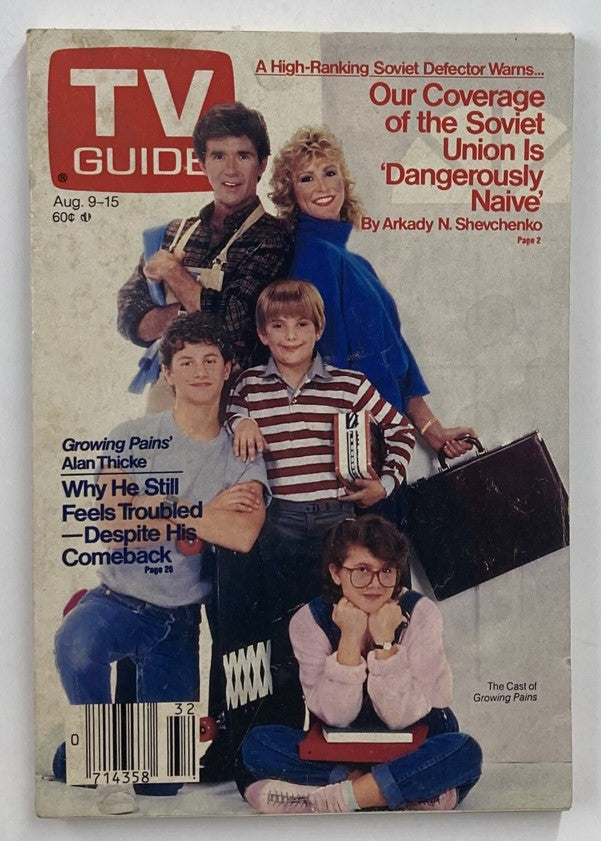 TV Guide Magazine August 9, 1986 featuring the cast of Growing Pains on the cover, showcasing the iconic family sitcom from the 1980s.