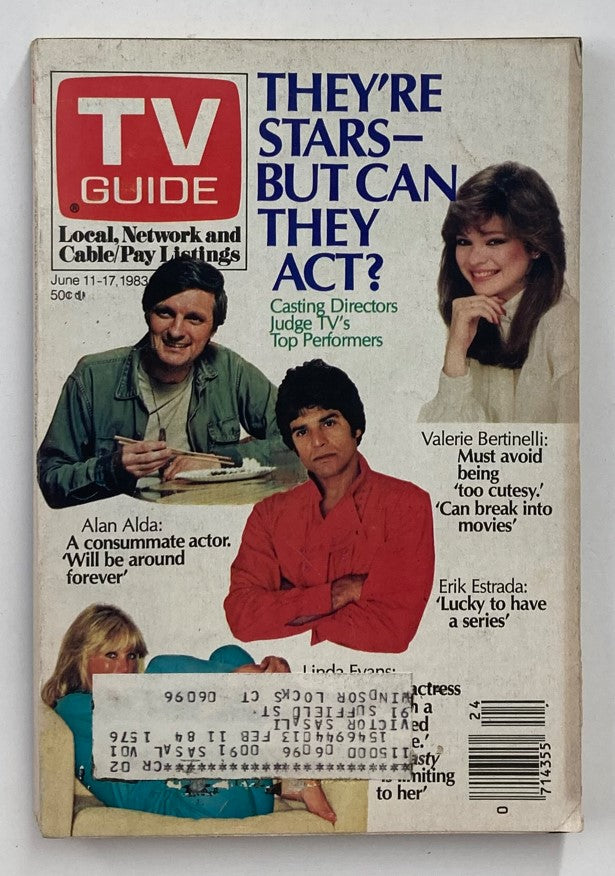 TV Guide Magazine cover from June 11, 1983 featuring Valerie Bertinelli, along with Alan Alda, Linda Evans, and Erik Estrada. The cover headline reads 'They’re Stars—But Can They Act?' highlighting TV's top performers, a perfect collectible for fans of 80s television.