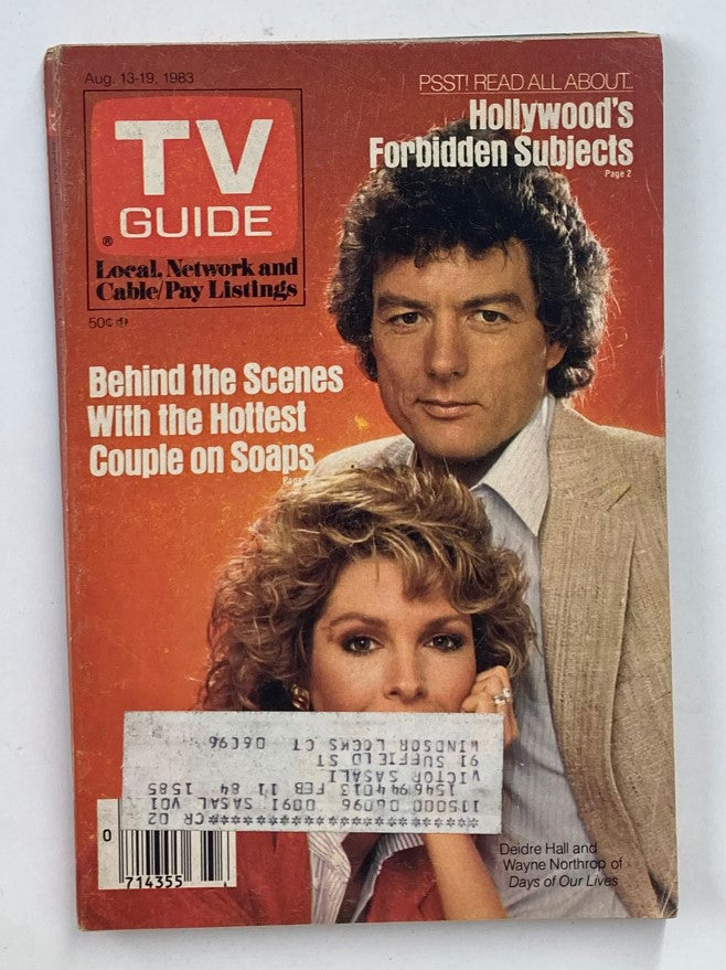 Vintage TV Guide Magazine cover from August 13, 1983 featuring Wayne Northrop and Deidre Hall, highlighting soap opera culture and iconic television moments.