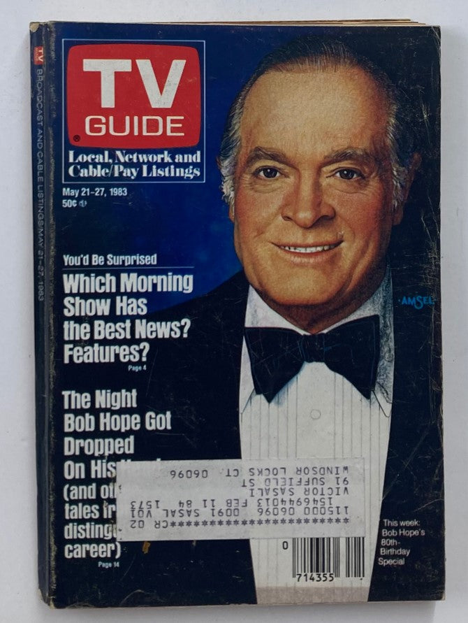 Cover of TV Guide Magazine from May 21, 1983, featuring Bob Hope's Birthday Special, showcasing a portrait of Bob Hope in a tuxedo. The magazine includes headlines about television programming and his impact on the entertainment industry.