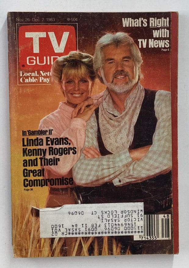 TV Guide Magazine from November 26, 1983 featuring Kenny Rogers on the cover, showcasing a nostalgic look at entertainment history with highlights on television programming from that era.