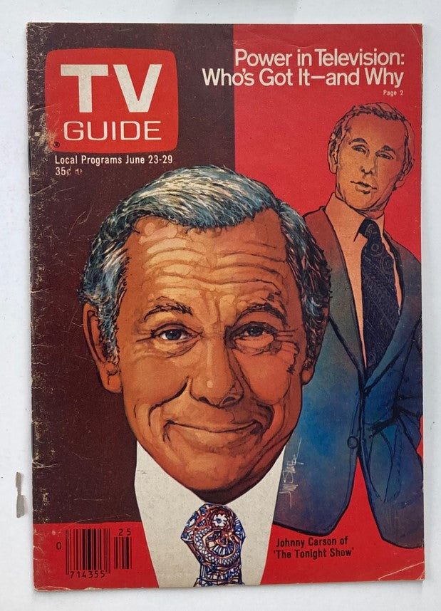 TV Guide Magazine June 23 1979 featuring a cover illustration of Johnny Carson, showcasing his iconic smile and vibrant tie, along with the title 'Power in Television: Who's Got It—and Why'. This vintage collectible captures the essence of 1970s television culture.