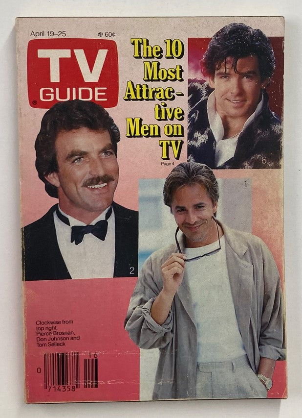 TV Guide Magazine April 19 1986 featuring the charming Pierce Brosnan on the cover, highlighting 'The 10 Most Attractive Men on TV', with other actors including Don Johnson and Tom Selleck.