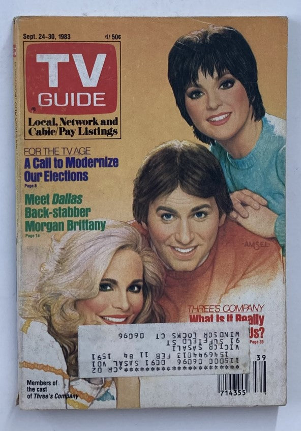 Vintage TV Guide Magazine cover from September 24, 1983, featuring the cast of Three's Company. The cover includes prominent text about the TV age, local and network listings, and highlights related television content.