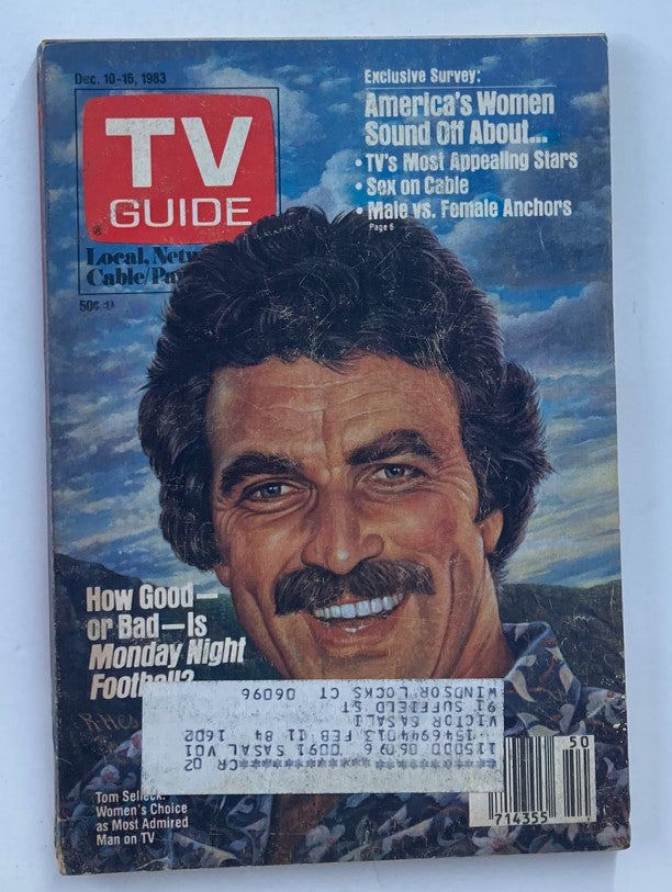 TV Guide Magazine December 10, 1983 featuring Tom Selleck on the cover, showcasing vintage television culture with articles on popular shows and the iconic actor.