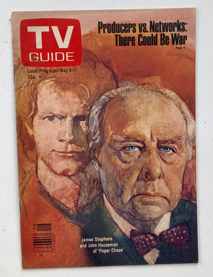 Cover of TV Guide Magazine May 5, 1979 Issue #1362, featuring an artistic illustration of actors James Stephens and John Houseman, with the headline discussing the conflict between producers and networks.