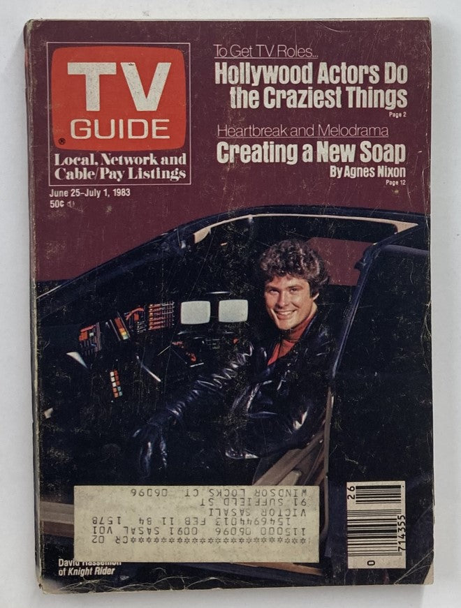 TV Guide Magazine cover from June 25, 1983 featuring David Hasselhoff, showcasing the iconic actor as he posed inside KITT, the car from Knight Rider, with television programming details and articles on Hollywood actors and soap operas.