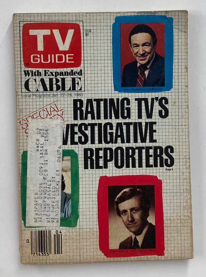 TV Guide Magazine January 22 1983 featuring Brian Ross, with a cover design showcasing investigative reporters and images of notable journalists.