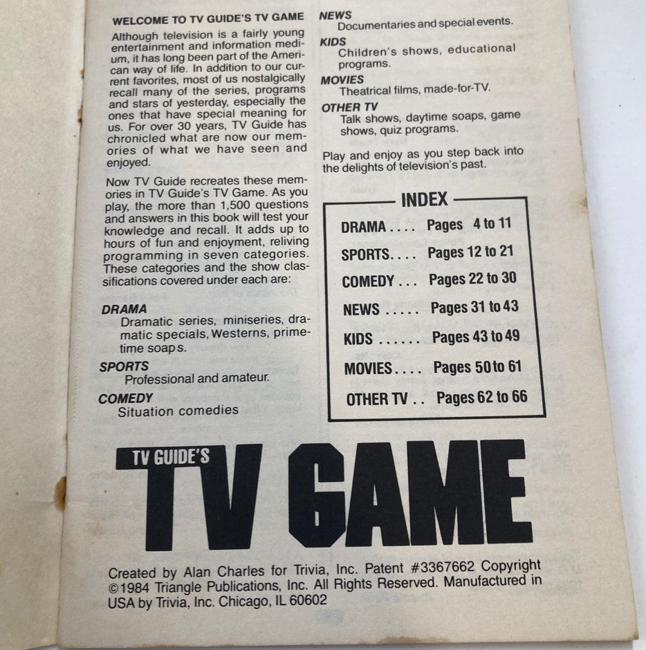 Inside page of TV Guide's TV Game, detailing categories such as drama, sports, comedy, and more, reflecting television history from 1980.