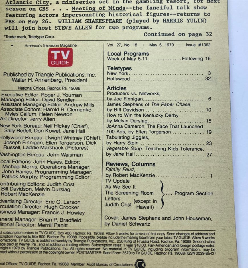 Interior page of TV Guide Magazine May 5, 1979 Issue #1362, displaying article listings including features on James Stephens and other television programming details.