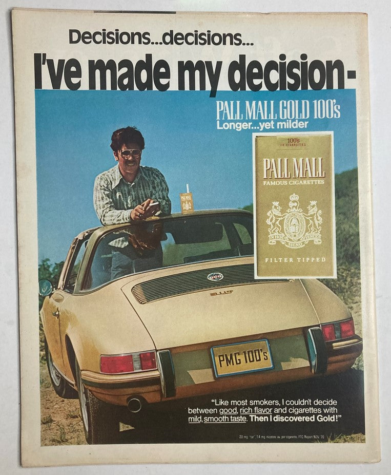 Ad page from VTG Life Magazine October 29 1971, featuring a classic advertisement for Pall Mall cigarettes with a stylish man in a convertible.