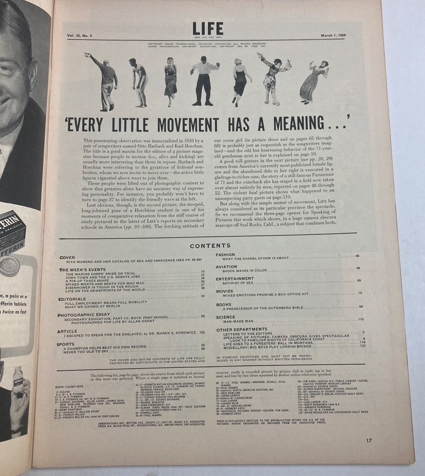 Inside page of VTG Life Magazine March 1 1954 displaying the contents section and highlighting themes of the magazine, including features on Rita Moreno's catalog of sex and innocence.