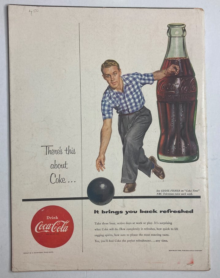 Back cover of VTG Life Magazine March 1 1954 featuring a vintage Coca-Cola advertisement with a man bowling, promoting the refreshing qualities of Coke.