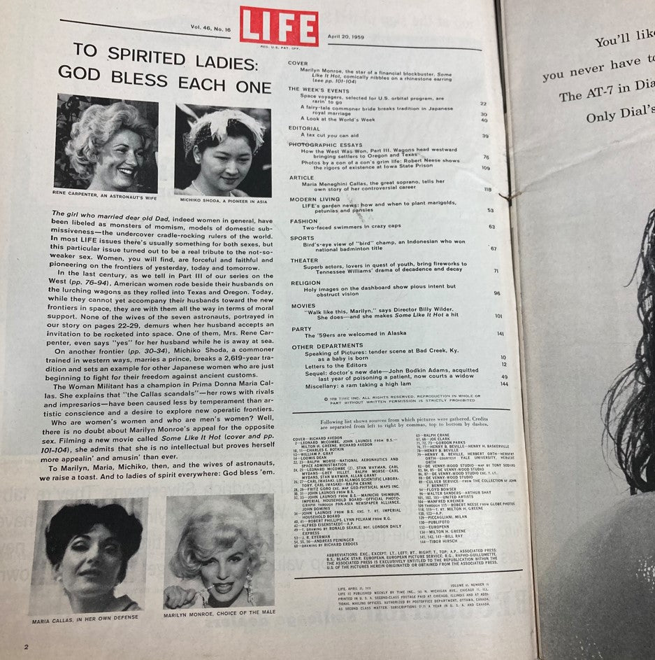 Table of contents page from VTG Life Magazine April 20 1959, featuring articles including a piece on Marilyn Monroe and topics of the era such as culture and women's issues.