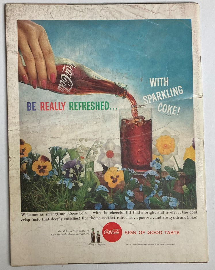 Advertisement page from VTG Life Magazine April 20 1959 featuring Coca-Cola, with a colorful image of a hand pouring soda into a glass surrounded by flowers and the tagline 'Be Really Refreshed... with Sparkling Coke!'.