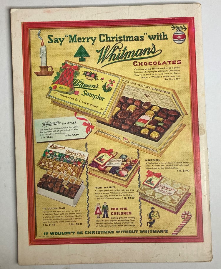 Vintage advertisement for Whitman's Chocolates featuring a Merry Christmas theme, showcasing a variety of chocolate assortments such as the Whitman's Sampler, Golden Flair, Miniatures, Fruits and Nuts, and gifts for children, reflecting a classic mid-century style.