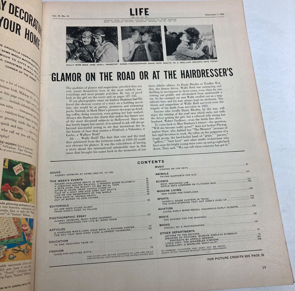 Interior page of VTG Life Magazine December 7 1953 Vol 35 No. 23 showing articles about Audrey Hepburn, highlighting the lifestyle of the 1950s.